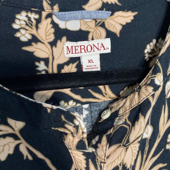 Merona Womens XL Floral Print Long Sleeve Tunic Top Black & Beige - Picture 5 of 7